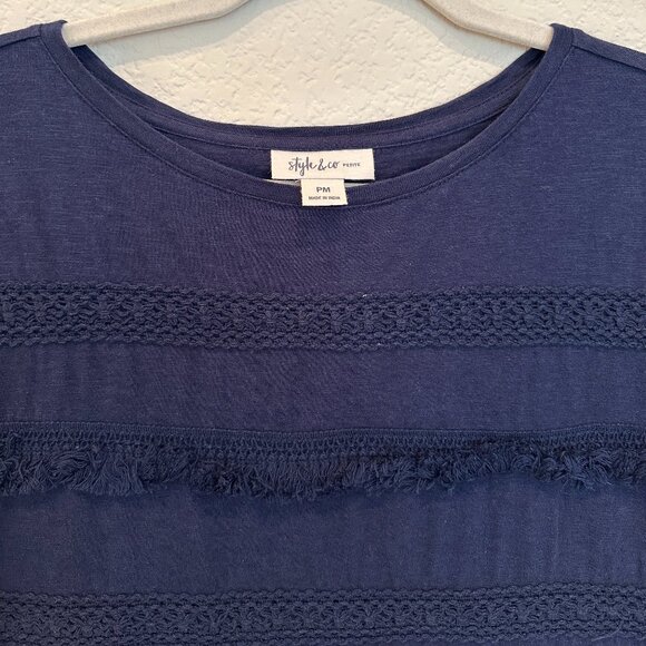 Style & Co Navy Short Sleeve Top with Fringe Detail - Picture 2 of 4